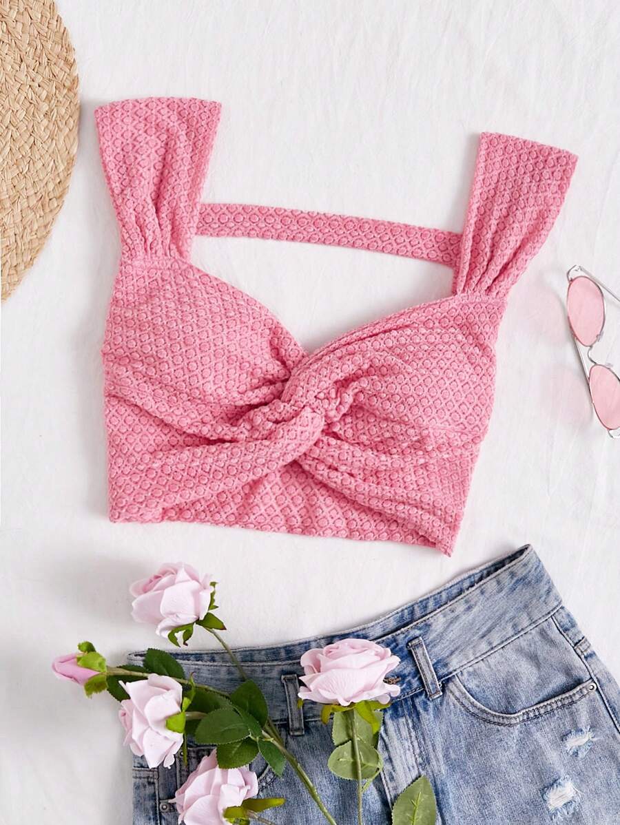 Soleia 1 件女士节日扭纹前开背短袖圆领 T 恤，宽松粉色圣诞服装