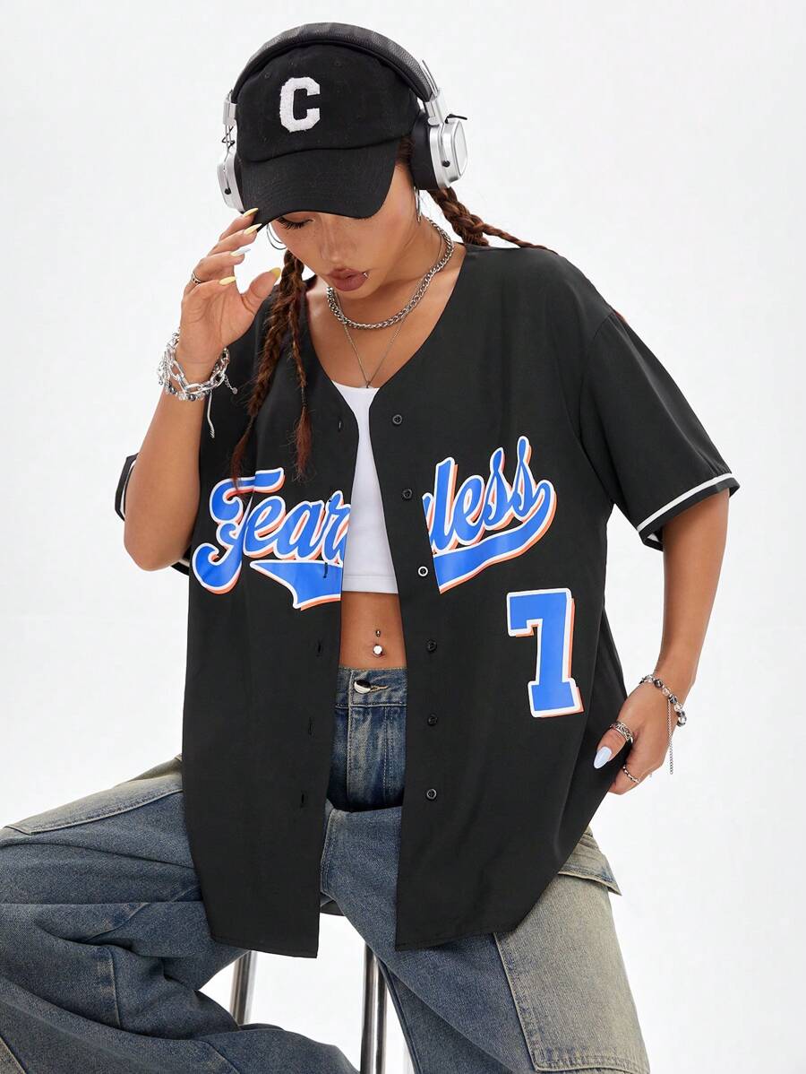 Coolane Letter Graphic Contrast Trim Drop Shoulder Baseball Shirt - Black - View 1