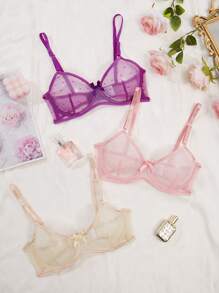 SHEIN Biustonosz damski z siateczki w kropki i kokardą, na fiszbinach, bielizna - Wielokolorowe - Zobacz 5