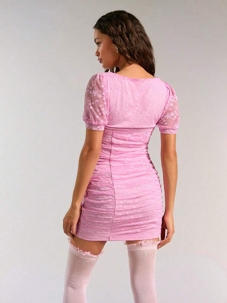 Women V-Neck Gathered Mesh Spliced Slim Fit Daily Wear Dress