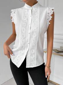 RosyDaze Blusa de mujer elegante de unicolor de verano con cuello alto, sin mangas y con aplicaciones de encaje