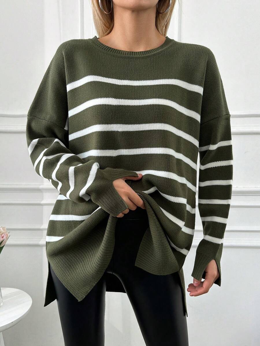 SHEIN Cottnline Ladies' Striped Long Sleeve Sweater - Khaki - View 1