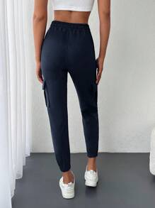 Cottnline Drawstring Waist Flap Pocket Side Sweatpants - Navy Blue - View 2