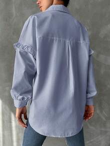 Cottnline Floral Embroidery Ruffle Trim Drop Shoulder Shirt - Blue - View 2
