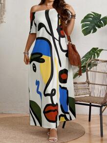 SHEIN LUNE 加大码抽象肖像印花宽松夏季时尚圆领短袖连衣裙 - 彩色 - 查看 5