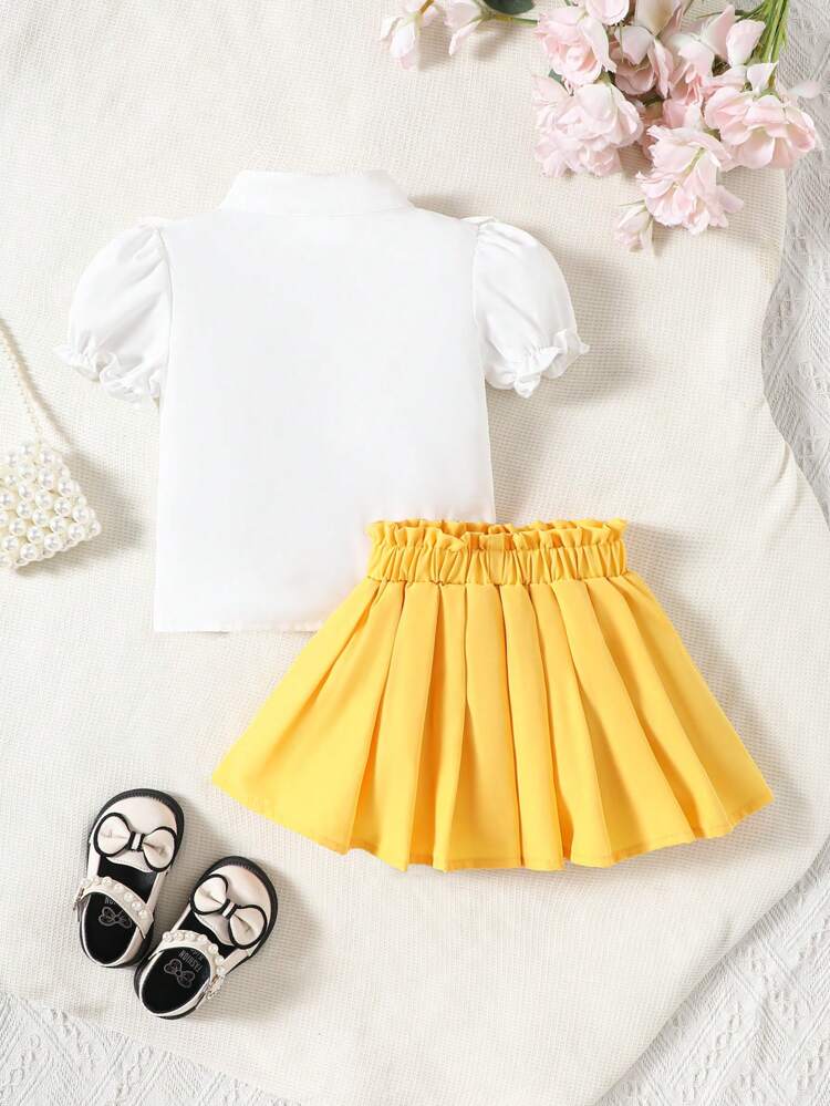 Baby Girl Summer Casual Flower Embroidered Bubble Sleeve Top With Ruffled Hem And Pleated Skirt Set