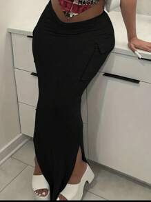 Slaydiva Váy xếp hoa màu xám hàng ngày & đường phố có túi bên và xẻ bên, trang phục mùa xuân cỡ lớn dành cho nữ - màu đen - Xem 1