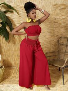 Slaydiva Bộ đồ nghỉ hè cho nữ áo crop top xù lông và quần ống rộng dáng rộng - Đỏ - Xem 4