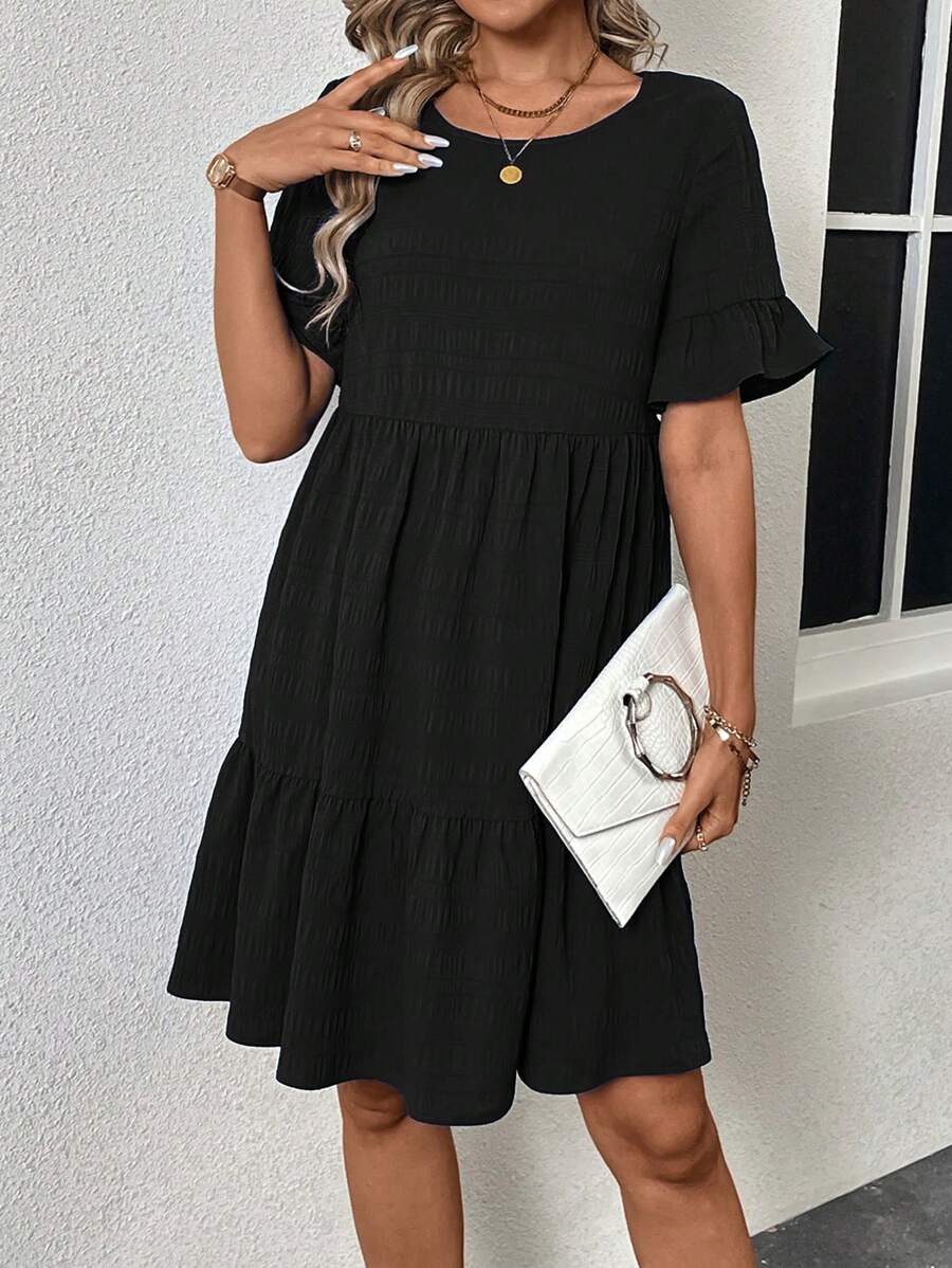 SHEIN LUNE Đầm nữ mùa hè màu trơn cổ tròn tay ngắn dáng rộng có bèo nhún ở gấu, kiểu dáng thường ngày. - màu đen - Xem 1