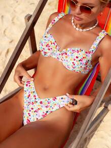 Swim Mod Small Flower Print Bikini Set With Detachable Padded Cups, Underwire And Beach Design For Summer,Summer Beach - Multicolor - View 3
