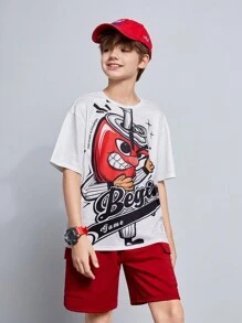 Tween Boy Two Pieces Set Of Loose Fit Cartoon Character Patterned Short-Sleeved Shirt And Shorts
