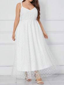 SHEIN Clasi Plus Size Women Summer Solid Color Long Mesh Splice Strap Casual Elegant Dress - White - View 3