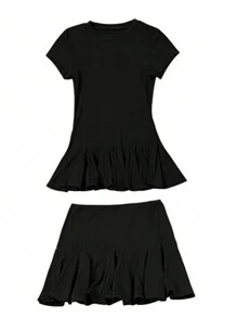 INAWLY Conjunto de dos piezas de unicolor para mujer de uso diario, elegante y sencillo - Negro - Ver 3