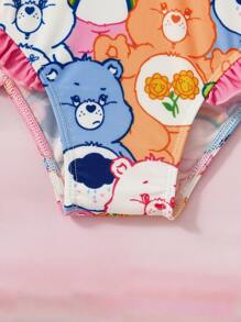 SHEIN X Care Bears 少女夏日沙灘針織可愛卡通熊印花荷葉邊連體泳裝