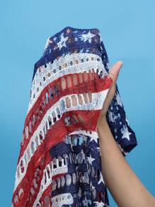 Swim Vcay Summer Beach Women American USA Flag Pattern Hollow Out Knitted Split Cover Up Dress, 4th Of July