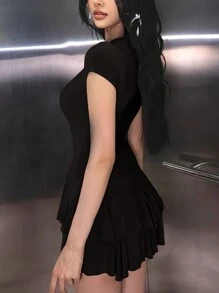 INAWLY Conjunto de dos piezas de unicolor para mujer de uso diario, elegante y sencillo - Negro - Ver 2