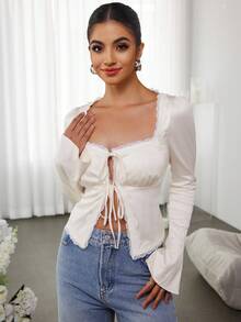 PARTHEA Square Neck Lace Spliced Tie Front Satin Crop Top - Apricot - View 8