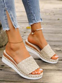 2024 New Style Women Apricot Woven  Rope Wedge Platform Sandals With Ankle Strap - Apricot - View 2