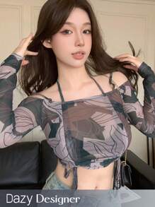 Dazy Designer Women Thin Transparent Design Halter Drawstring Off Shoulder Long Sleeve Top Sheer,Fall Women Clothes Crop Women Tops