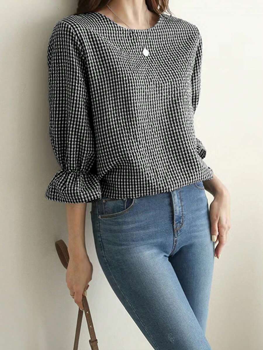INAWLY Women Casual Plaid Print Round Neck 3/4 Sleeve Shirt For Spring And Summer,Three Quarter Sleeve Tops