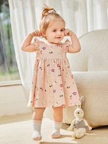 Cozy Pixies Conjunto De Vestido De Cintura Imperio Con Cuello Redondo Con Volantes Y Estampado De Conejito Para Niña Pequeña