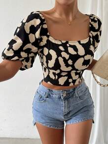 RosyDaze Back Print Tie Dye Puff Sleeve Shirt