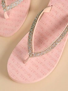 Ladies" Fashionable Rhinestone Decorated Flip Flops, Pink Flat Bottom Beach Sandals For Women - Pink - View 6