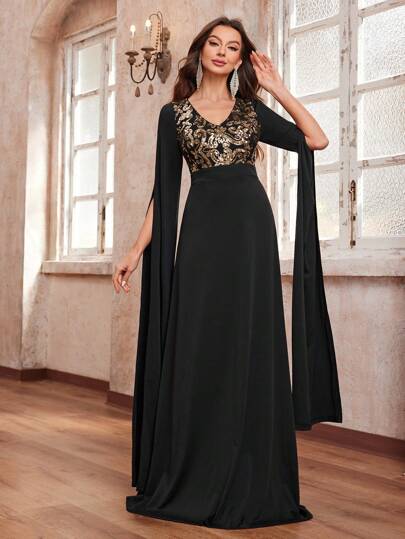 YISIKADO Women's Shiny Floral Printed V-Neck Party Dress With Flowy Sleeves For Ball, Evening