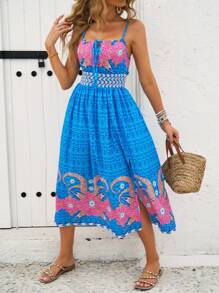 Breezaya Women Summer Vacation Floral Printed Split Front Spaghetti Strap Dress - Multicolor - View 4