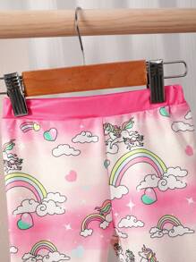 Baby Girl Leisure Linda Ubicación Digital Con Láser Camiseta De Manga Corta Y Pantalones Cortos Con Estampado De Unicornio Y Estampado De Nubes, Conjunto De Ropa Para El Hogar Multicolor De Cuatro Piezas, Ajuste Ceñido