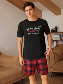 Men Letter Print Round Neck Short Sleeve Top And Plaid Print Shorts Summer Casual Home Clothing Set - Black - View 3