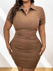 Flirla Plus Size Bodycon Short Sleeve Elastic Summer Dress With Hollow Stripes - Coffee Brown - View 3