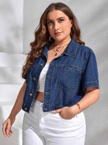 EMERY ROSE Chaqueta de mezclilla de manga corta de moda para mujeres de talla grande - Azul lavado oscuro - Ver 7