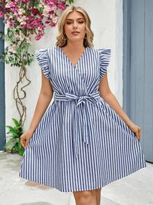 SHEIN Clasi Plus Size Cổ Chữ V Sọc In Mũ Tay Thắt Lưng Thường Ngày Xuân Hè - Xanh và trắng - Xem 6