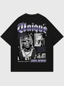 ROMWE MEN Street Life Camiseta de manga corta con estampado de personaje de hip hop vintage de alta calle, escuela, para hombres