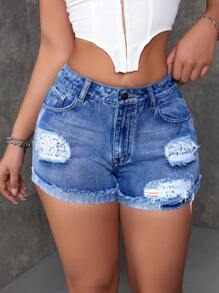 Shorts de mezclilla casuales para mujeres con dobladillo enrollado y estampado floral y bolsillos