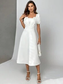 Firerie Solid Symmetrical Neck Peplum Waist A-Line Dresses For Wedding/Engagement,Concert/Rave Festival,Graduation,White Graduation Dress - White - View 5