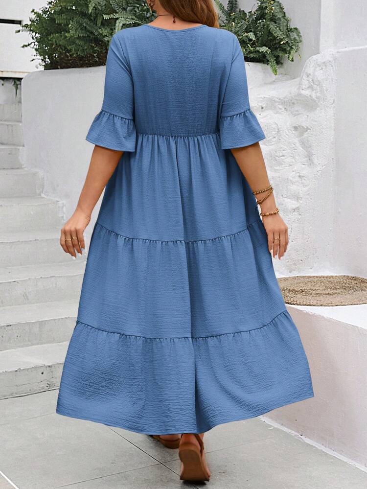 Plus Size Women's Deep V-Neck Ruffle Sleeve Multi-Tiered Hem Long Yellow Dress For Summer
