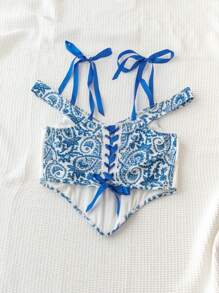 Soleia Plus Size Summer Blue And White Paisley Print Strap Top,Boho Off-Shoulder Design With Crisscross Tie,Holiday Picnic Vacation Spring Top - Blue and White - View 2