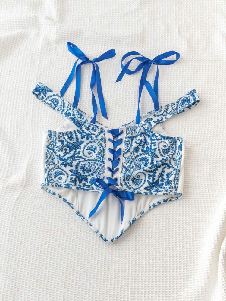 Plus Size Summer Strap Top With Paisley Print And Off-Shoulder Design With Crisscross Tie Blue And White Paisley Pattern Romantic Vacation Top, Country Concert Spring Music Festival Spring Top