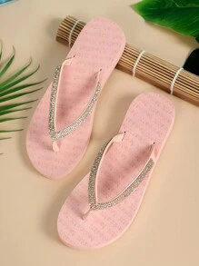 Ladies" Fashionable Rhinestone Decorated Flip Flops, Pink Flat Bottom Beach Sandals For Women - Pink - View 5
