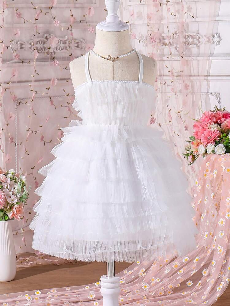 Multilayered Swing Dress With Cross Halter Neck Strap, Suitable For Spring Festival, Cute Wedding, Flower Girl Party, Formal Baptism And Baby Dress