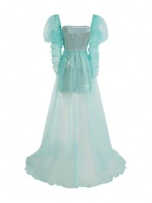SHEIN Belle Elegantes und Edles grünes strapless Mesh-Kleid für Frauen mit Puffärmeln, hoher Taille und Mesh-Zug für Cocktail-Partys - Grün - Übersicht 4