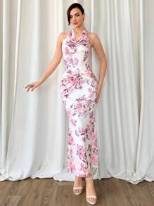 Aloruh Halter Neckline Twisted Knot Waistline Fish Tail Long Dress, Slimming And Flattering - Hot Pink - View 3