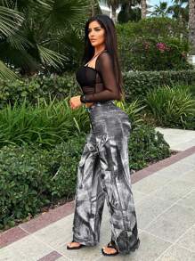 SHEIN SXY Denim Effect High-Waisted Jeans With Hole, 3D Pockets, And Trailing Hem Y2k Grunge Grunge Punk Western Wear Cargo - Black - View 5