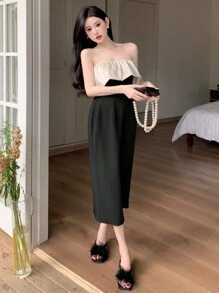 DAZY Color-Blocked Off Shoulder Long Dresses For Women, Birthday Prom Dress Party Women,Ruffle Homecoming Dresses