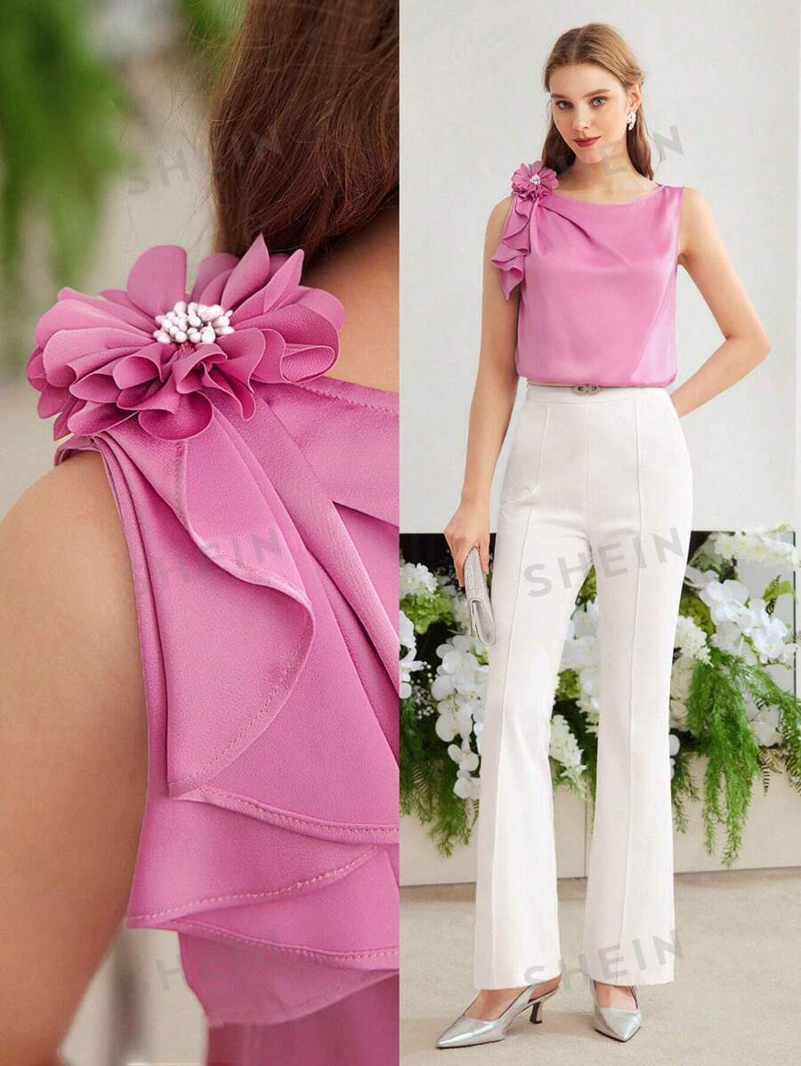 MOTF PREMIUM Blusa unicolor Con Detalles Florales En 3d