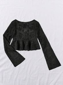 Soleia Women Solid Color Jacquard Peter Pan Collar Buttoned Knot Peplum Shirt - Black - View 2