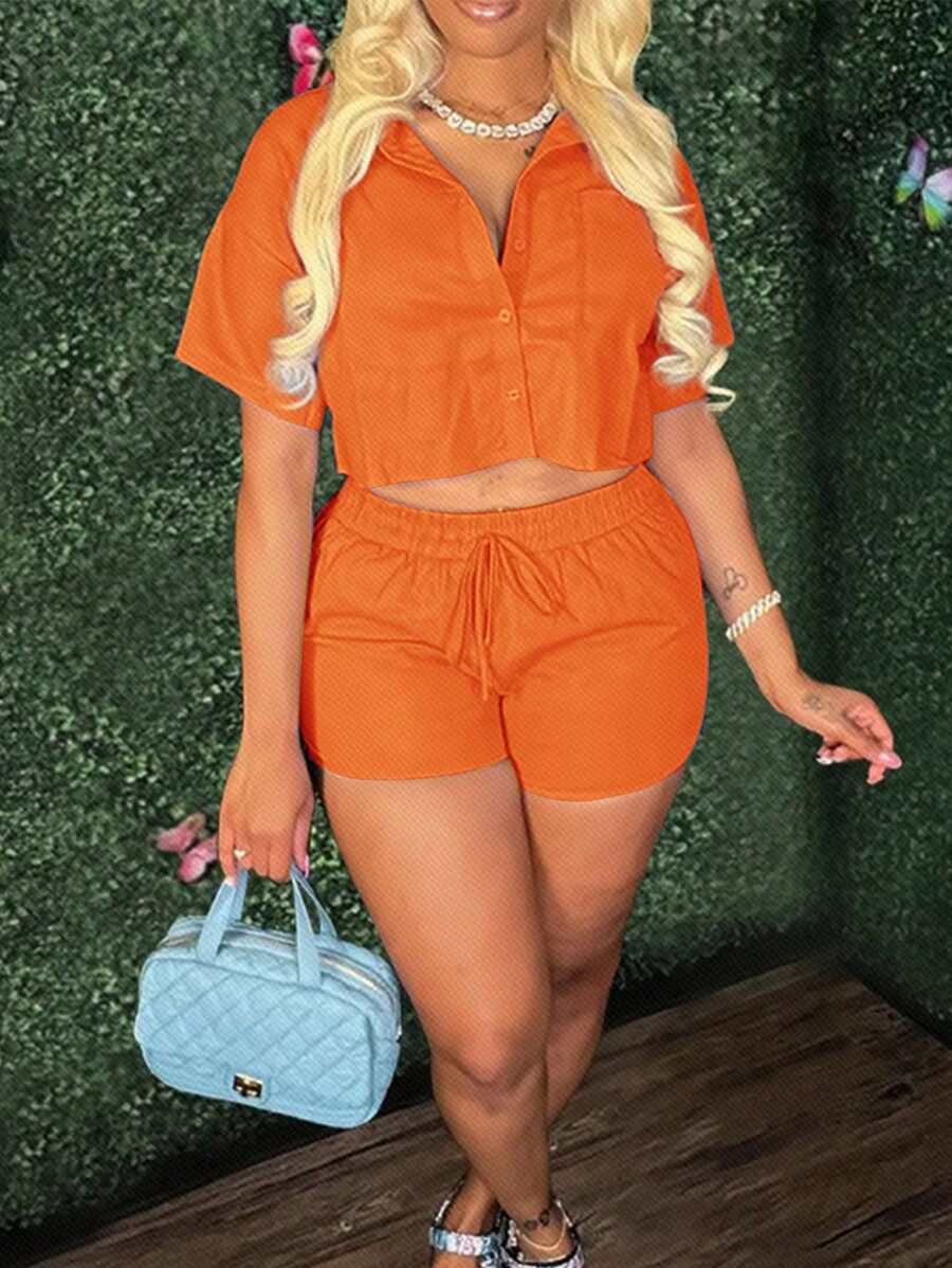 Slaydiva 休闲连体衣带口袋两件套短款套装夏季 - 橘色 - 查看 1