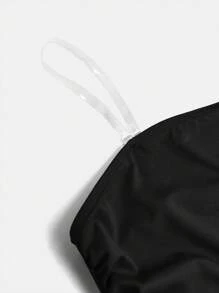 SHEIN 少女针织纯色褶饰不对称下摆休闲抹胸上衣 - 黑色 - 查看 3